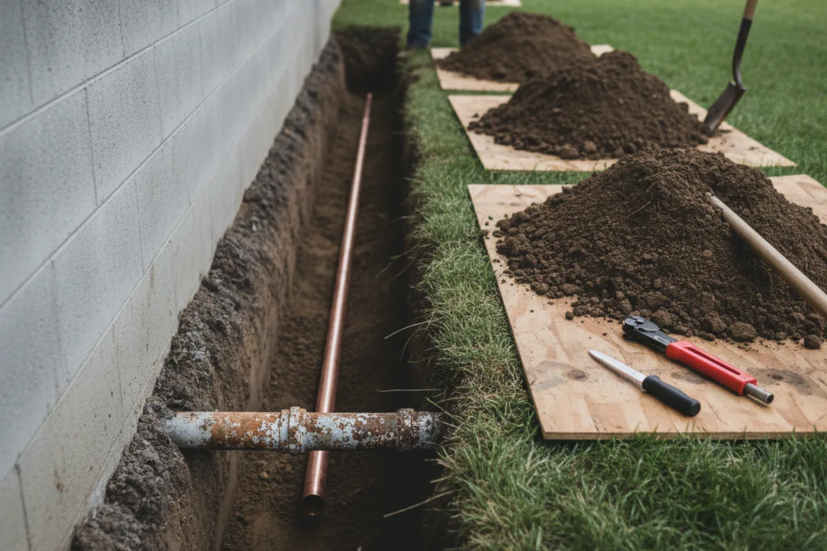 Excavated water line trench during Water Heater Repair in Accident
